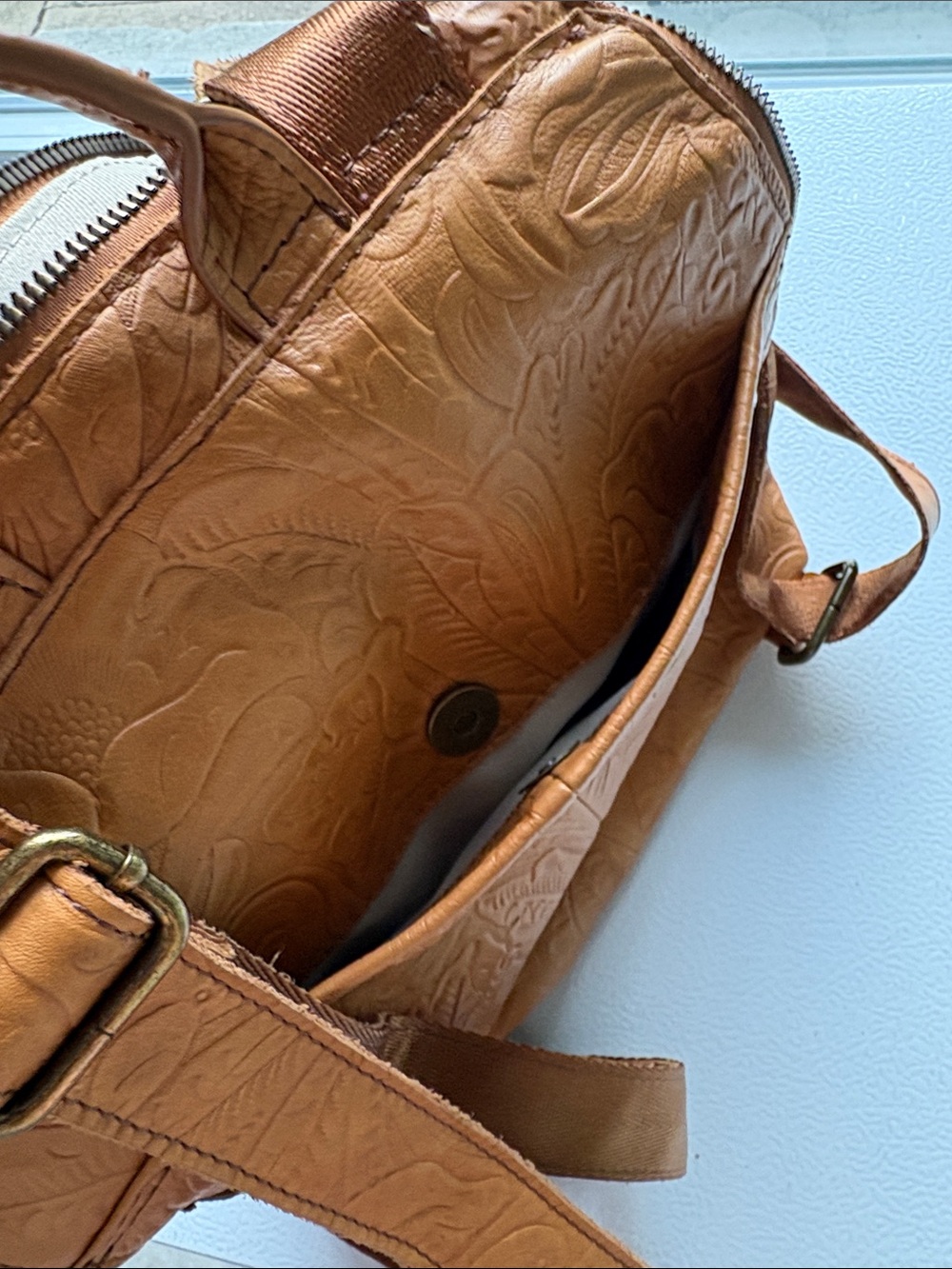 American Leather Tan Embossed Leather Backpack with Two Front Zip Pockets - Picture 13 of 15